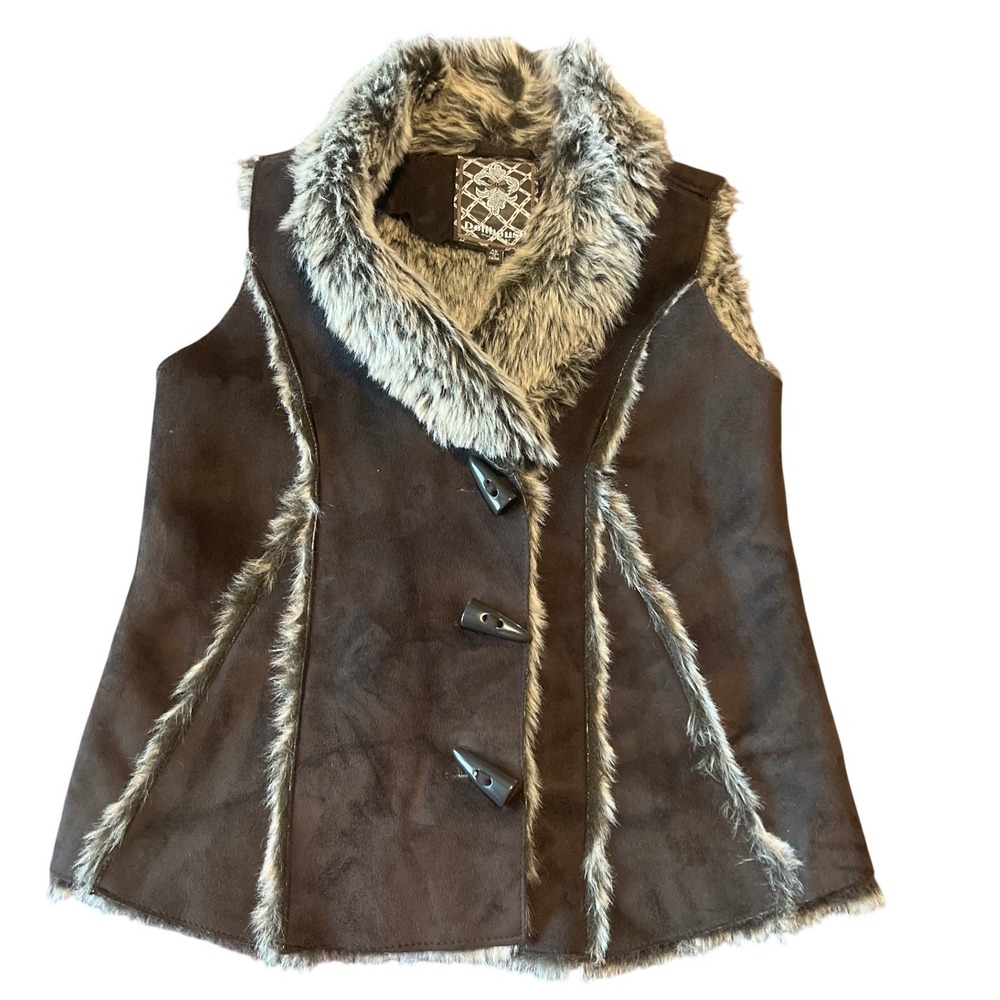 Dollhouse Womens Brown Faux Suede Fur Trim Toggle Button Vest Jacket Size XS